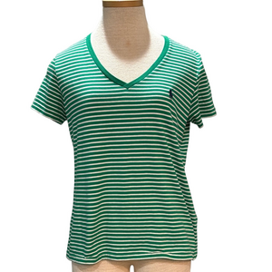 Polo Ralph Lauren sz L green and white striped v neck cotton short sleeve top